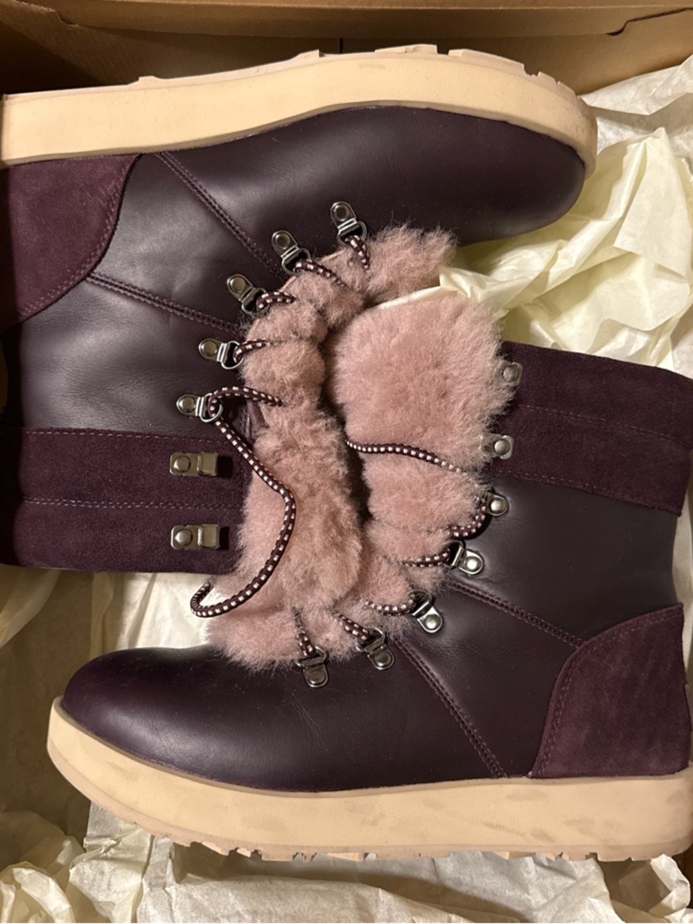 UGG Plum Leather & Suede Lace-Up Boots with Pink Fur Trim